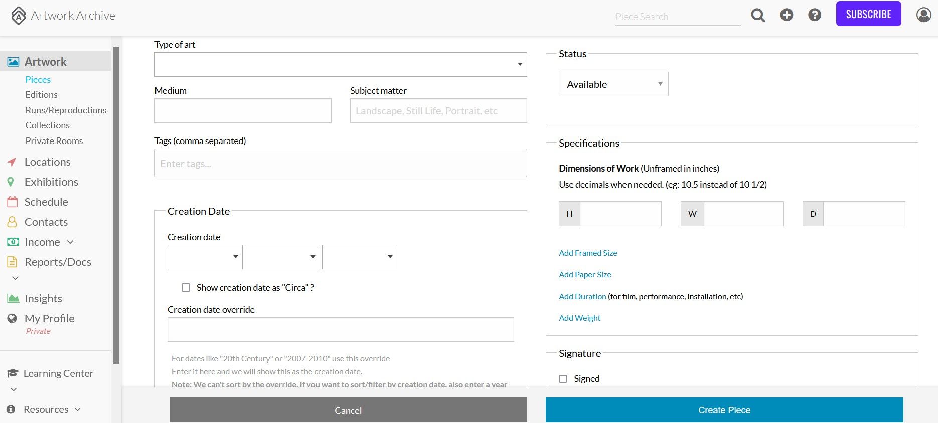 Интерфейс Artwork Archive: добавление нового произведения