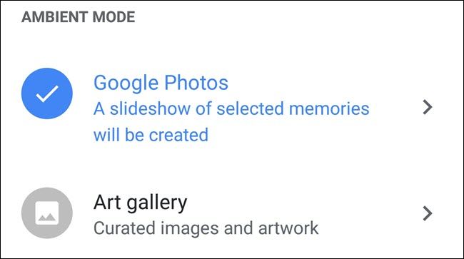 Настройки Ambient Mode в Google Home, выбран Google Photos