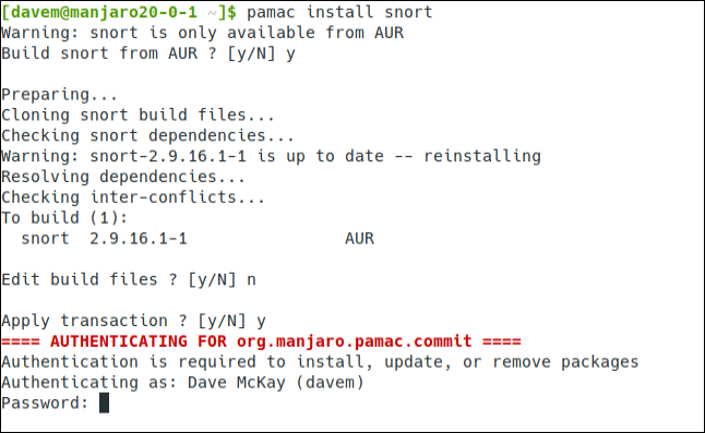 Установка snort через pamac в терминале Manjaro