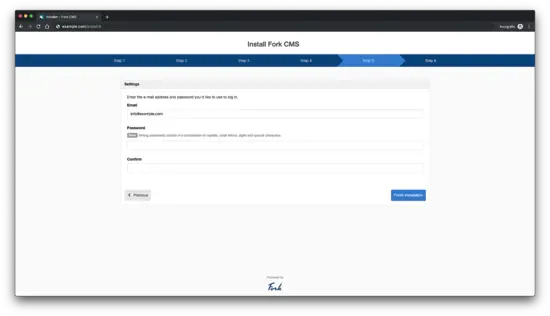 Завершение установки Fork CMS