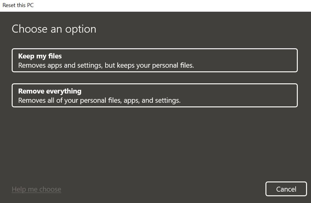 Opzione Rimuovi tutto per reimpostare il PC