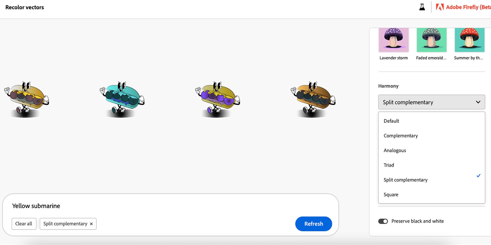 Adobe Firefly color harmony menu