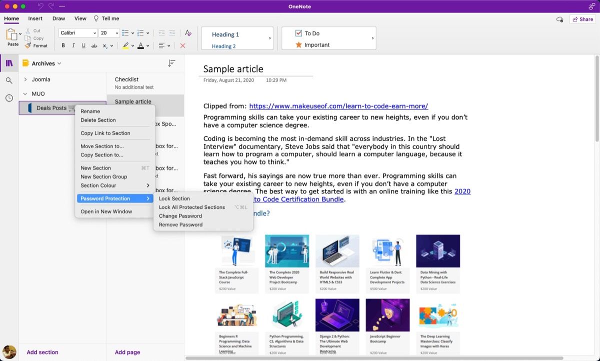 Функция защиты паролем в OneNote для Mac