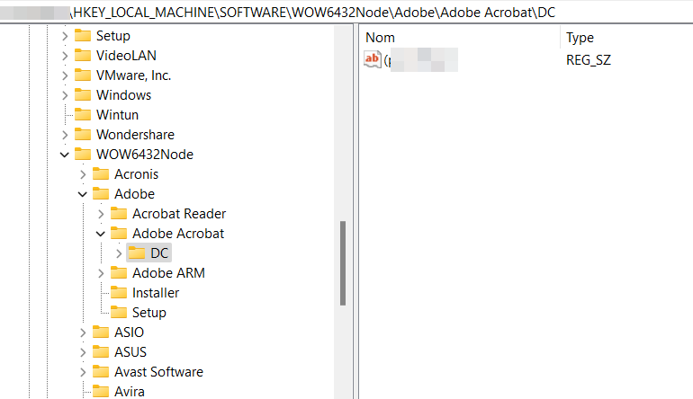 Скриншот: ключ реестра Adobe Acrobat для активации конвертации XPS