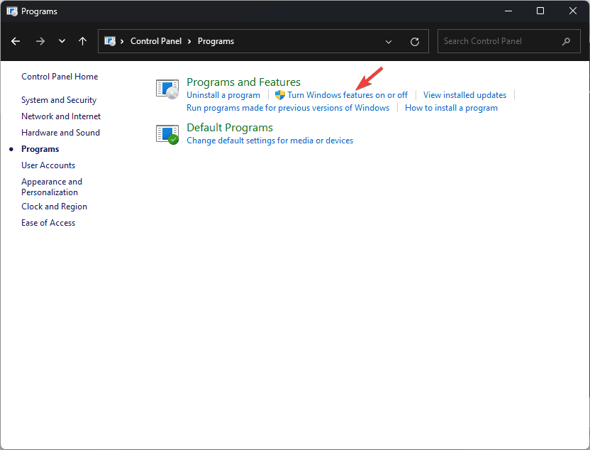 Окно включения компонентов Windows
