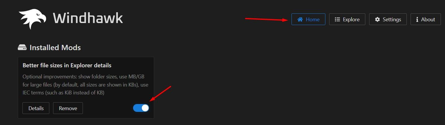 Переключатель отключения мода в Windhawk.