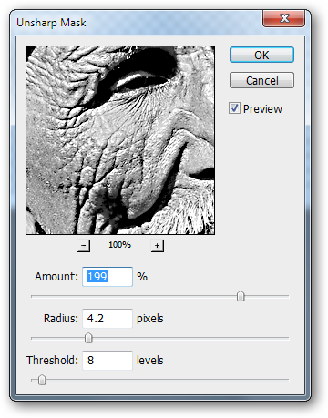 Параметры Unsharp Mask, пример настройки