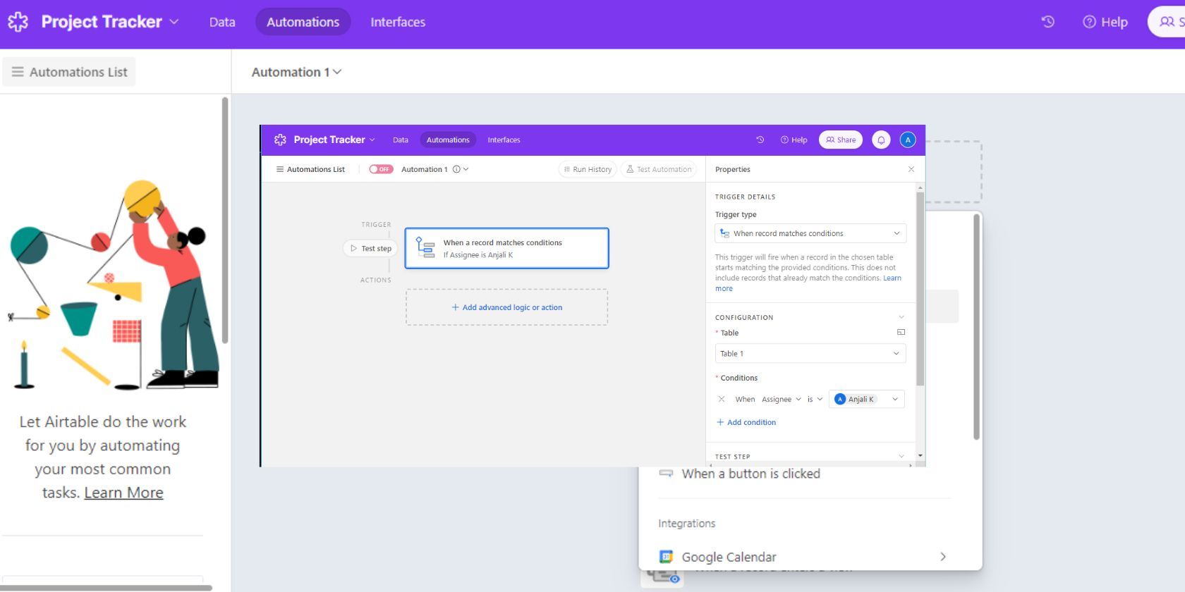 Скриншот выбора триггера в Airtable