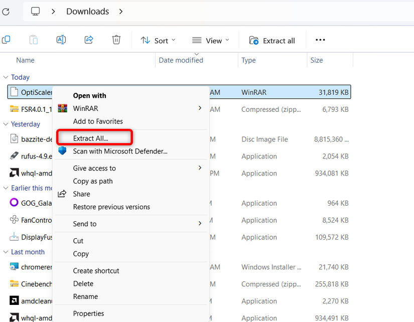 Меню Windows 11 с опцией Извлечь всё при нажатии правой кнопки.