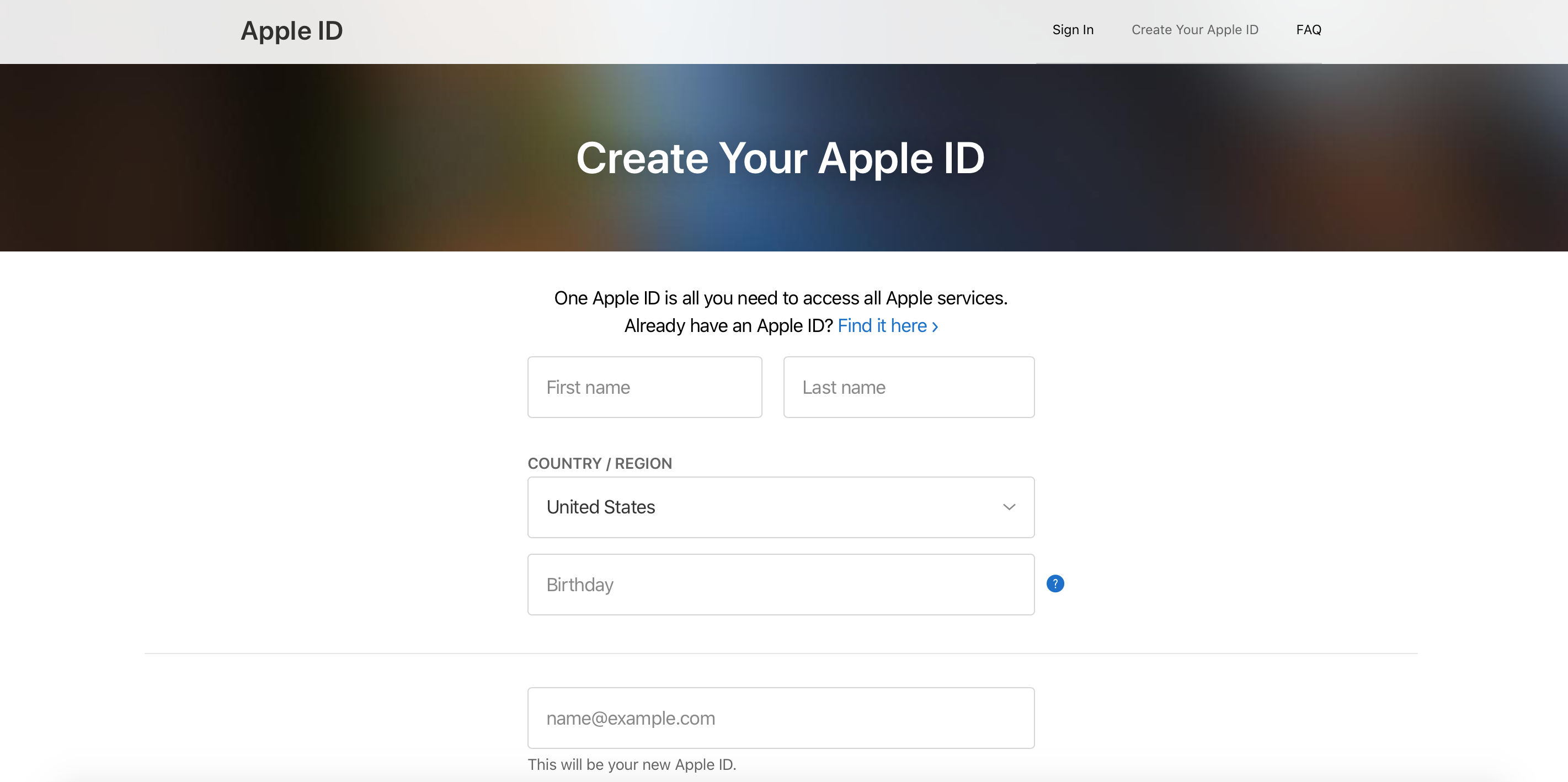 Форма создания Apple ID в веб-браузере на любой платформе