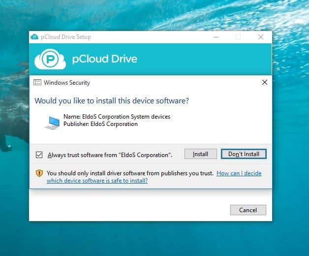 pCloud install prompt