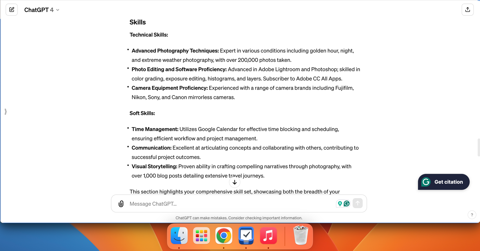 Секция навыков в резюме, созданная ChatGPT