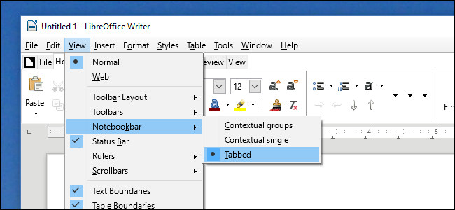Меню с вариантами интерфейса Notebookbar: Tabbed, Contextual groups, Contextual single