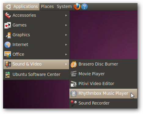 Rhythmbox nella sezione Suono & Video del menu Applicazioni
