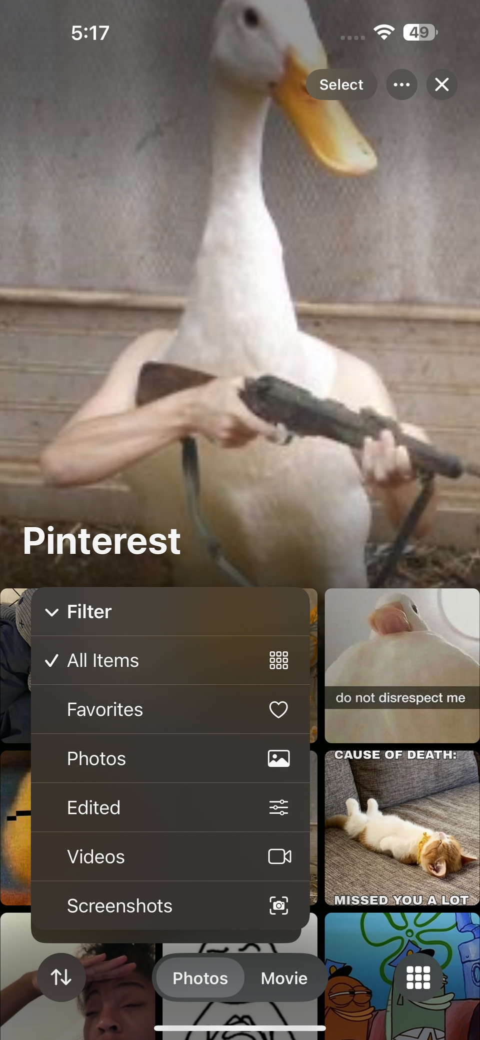 Примеры фильтров: все, избранные, скриншоты