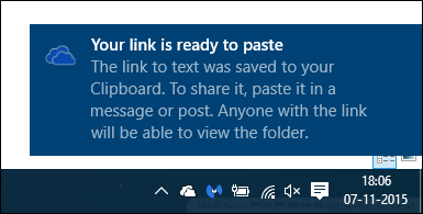 Скриншот: уведомление о подготовленной ссылке OneDrive