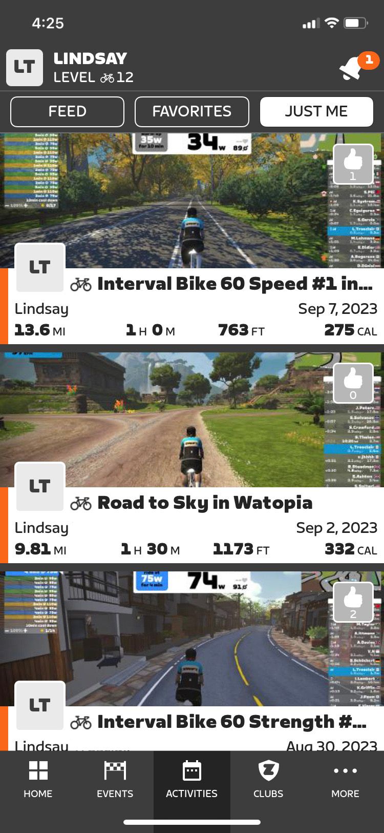 Zwift Companion app personal activities screen