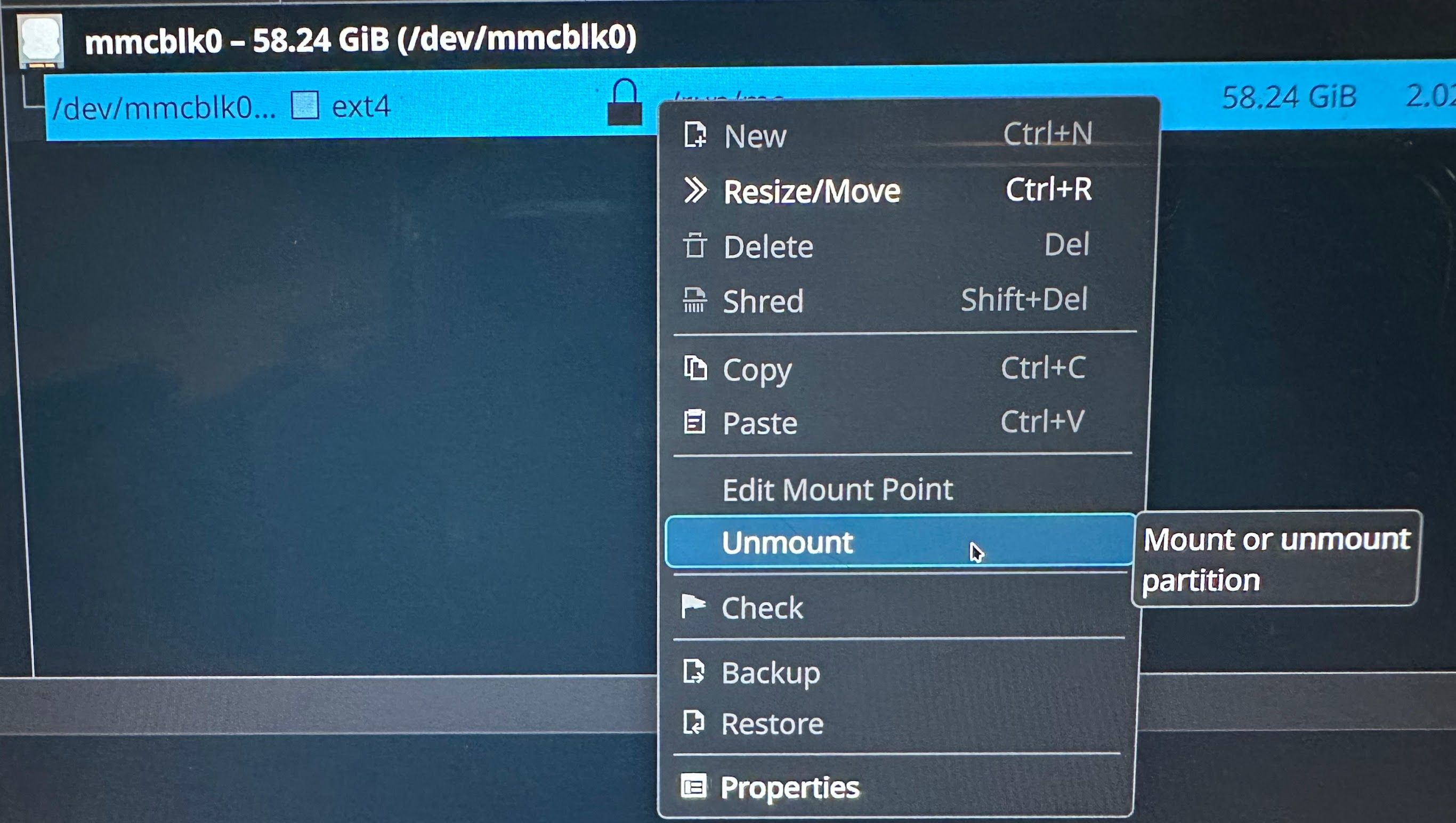 Отмонтирование раздела в KDE.