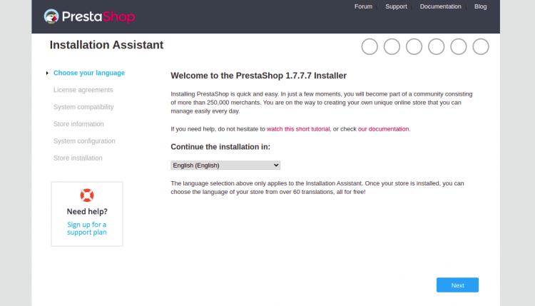 Страница выбора языка установки PrestaShop