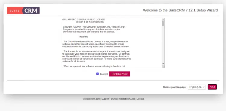 Страница лицензионного соглашения SuiteCRM