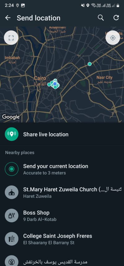 Schermata di WhatsApp che mostra la posizione condivisibile impostata con LocaEdit