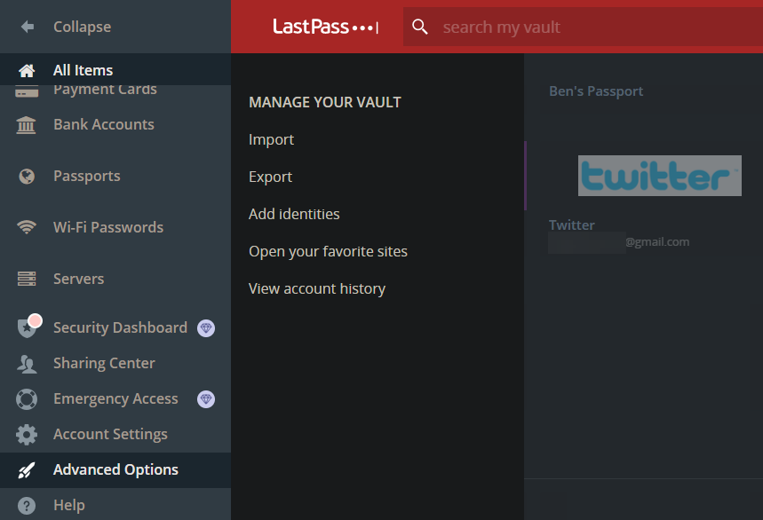 LastPass Export Menu Item
