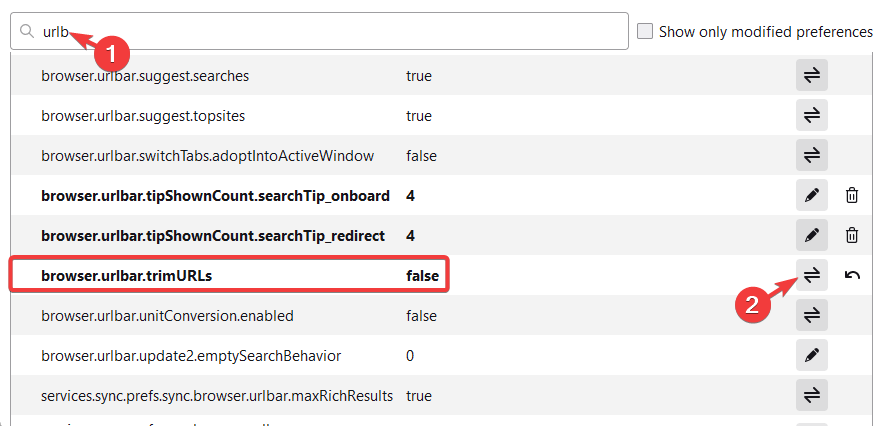 изменить browser.urlbar.trimURLs