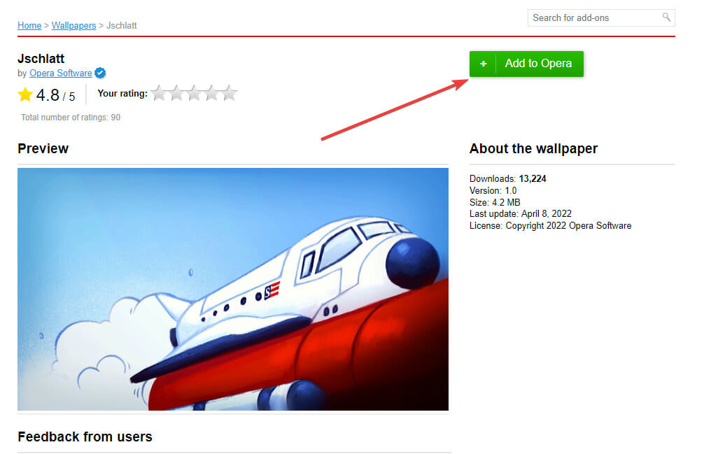 кнопка «Добавить в Opera» на странице набора обоев