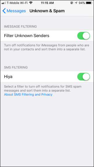 Опция фильтрации неизвестных отправителей iMessage в настройках iOS