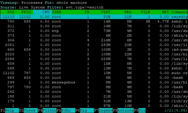 Интерактивный csysdig с таблицами процессов и метрик