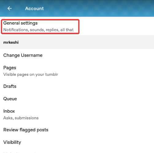 Экран выбора общих настроек в Tumblr