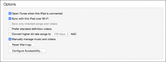Опция синхронизации iPad по Wi‑Fi в настройках iTunes