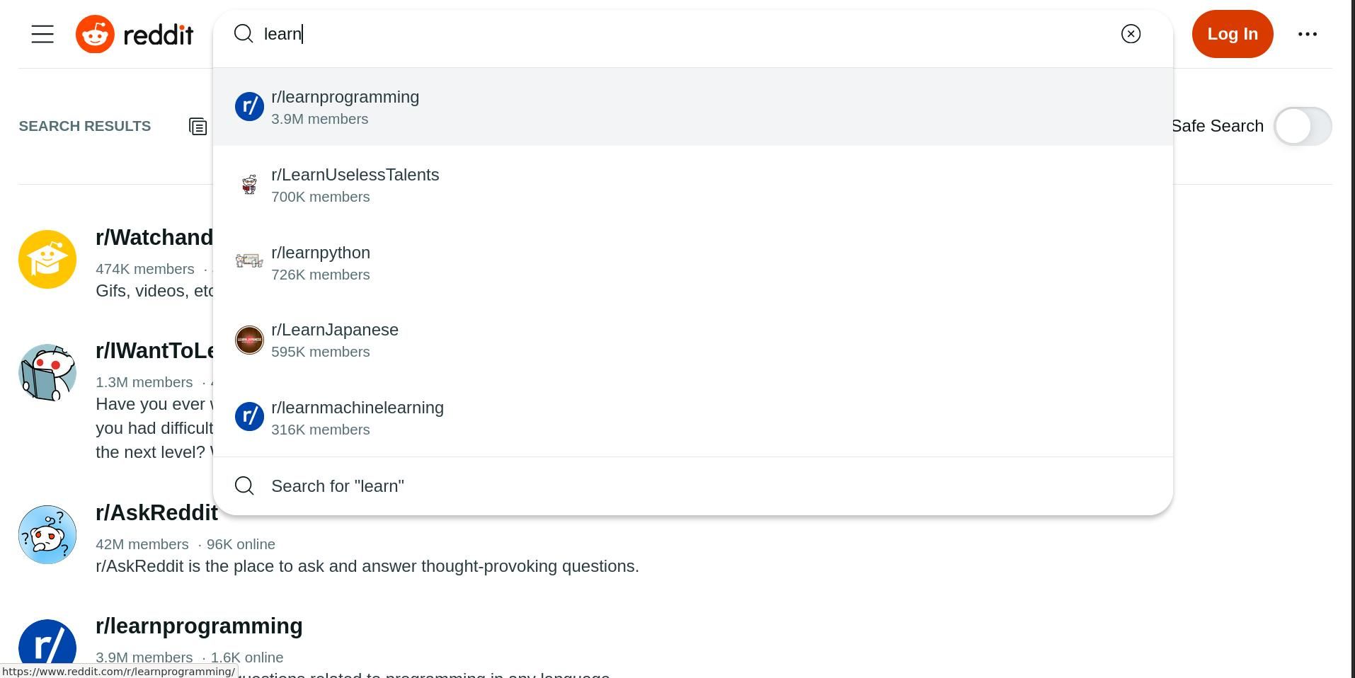 Поле поиска сообществ Reddit