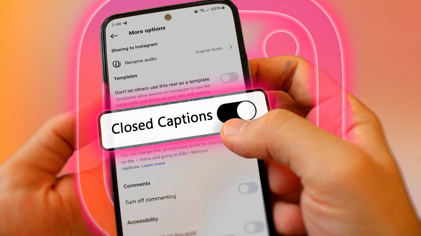 Экран настроек Instagram с включённым переключателем закрытых субтитров.