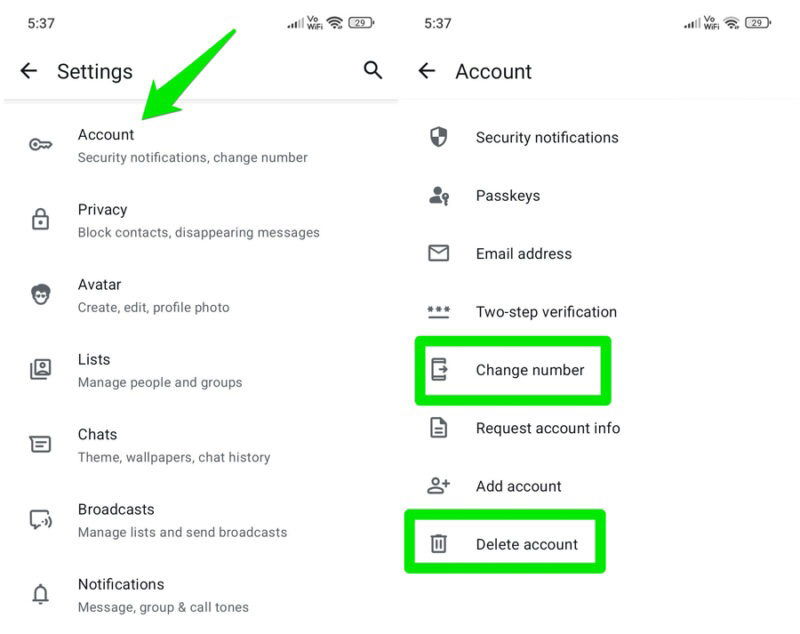 Opzioni account WhatsApp con Cambia numero ed Elimina account