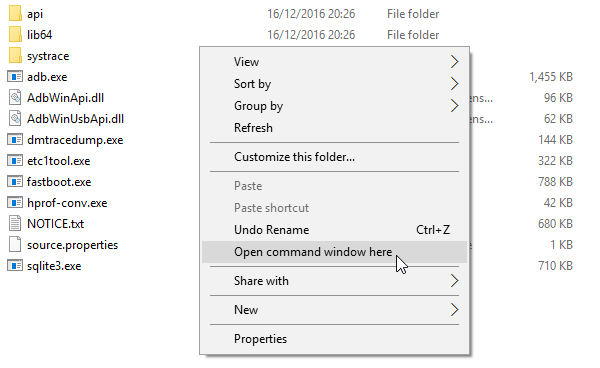Открыть окно команд в папке Platform Tools через контекстное меню