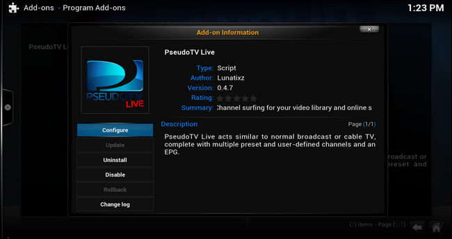 Панель информации о плагине PseudoTV Live в интерфейсе XBMC