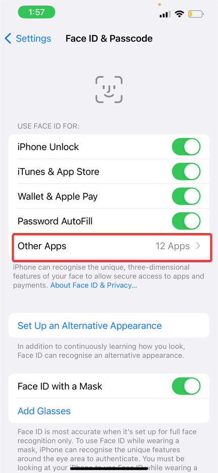 Список приложений, использующих Face ID