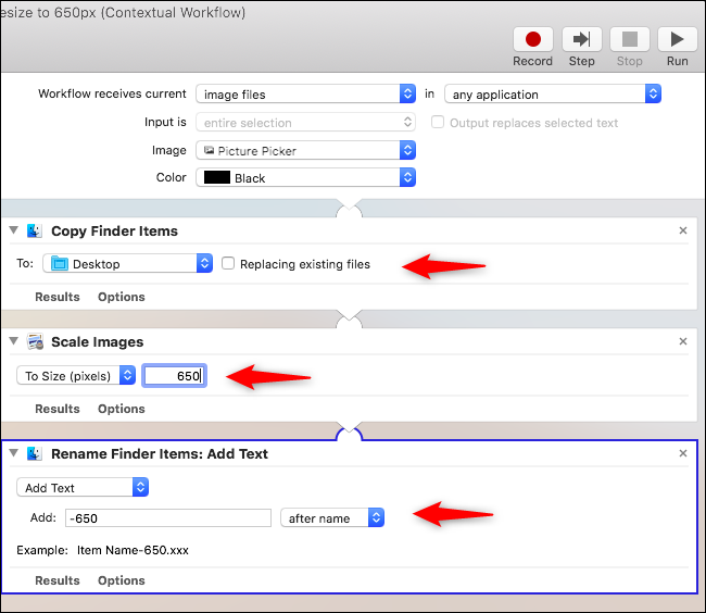 Пример заполненных полей для изменения размера до 650 пикселей и добавления суффикса к имени файла