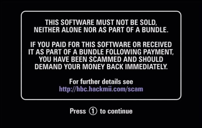 Экран с предупреждением о бесплатности HackMii и кнопкой продолжить