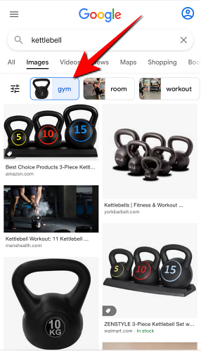 Выбор связанного ключевого слова изменяет результаты поиска изображений