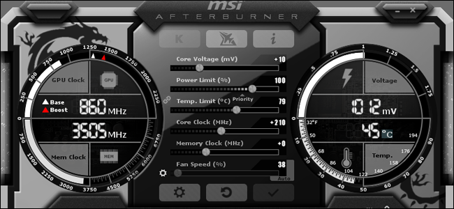 Интерфейс MSI Afterburner с циферблатами и ползунками.