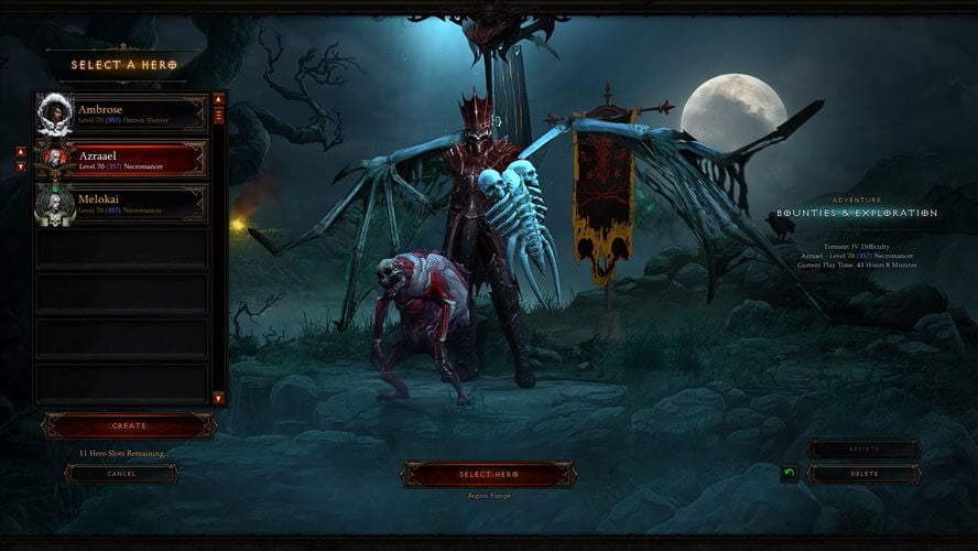 Главный экран Diablo 3 с кнопками запуска и информацией о персонаже