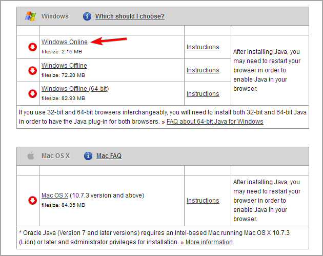 Выбор варианта загрузки Java для Windows на странице загрузки