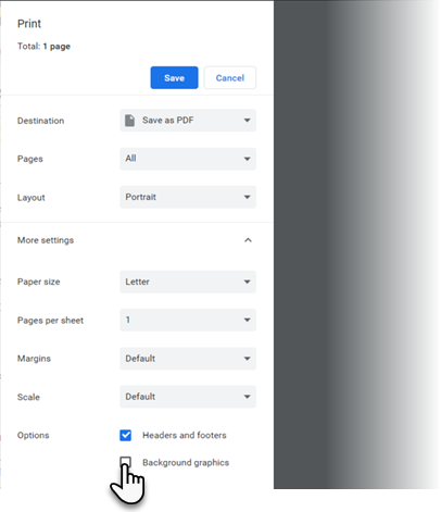 Отключение заголовков, нижних колонтитулов и фоновой графики в диалоге печати