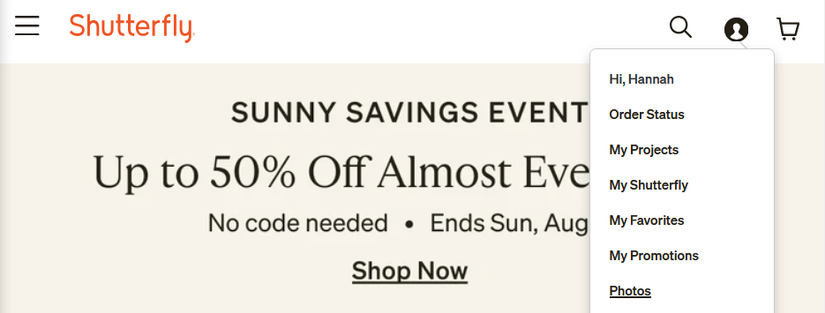 Переход во вкладку Photos на сайте Shutterfly