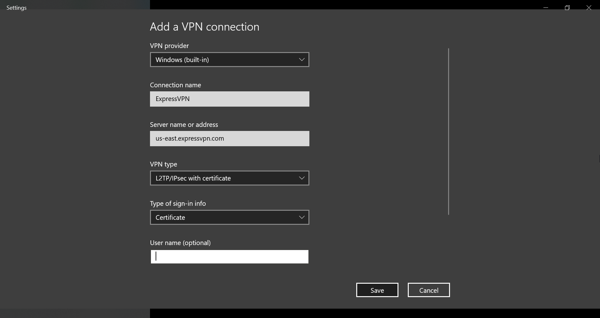 параметры VPN в Windows 10