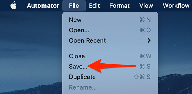 Сохранение Quick Action через Файл > Сохранить в Automator
