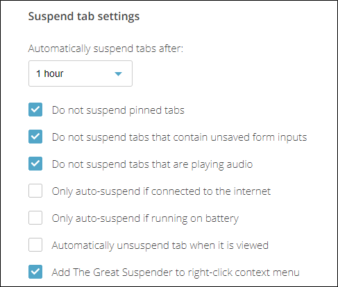 Интерфейс расширения The Great Suspender с параметрами приостановки вкладок