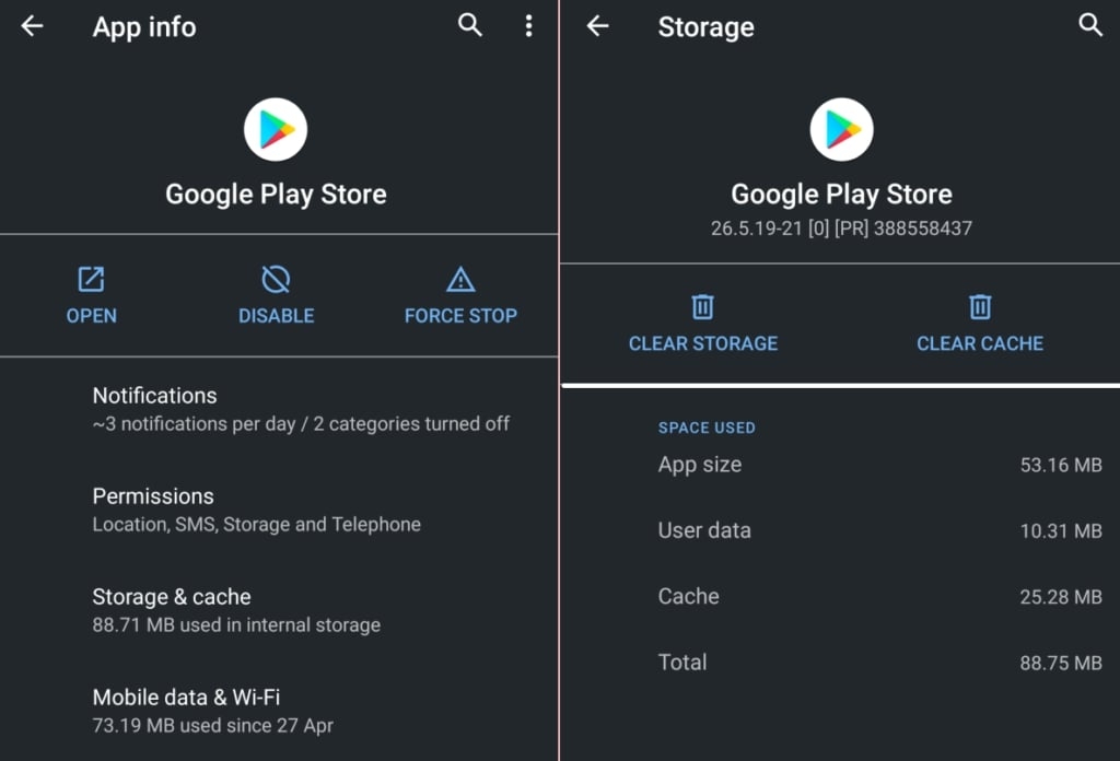 Настройка очистки кэша и данных приложения Google Play Store